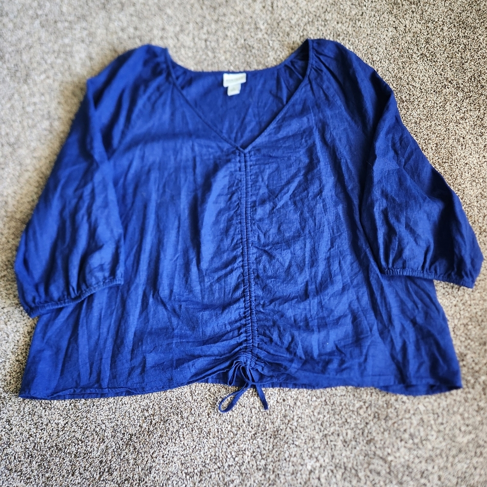 Ava & Viv Popover Royal Blue Blouse 3/4 Sleeve Rouche Front Linen Blend Sz 1X